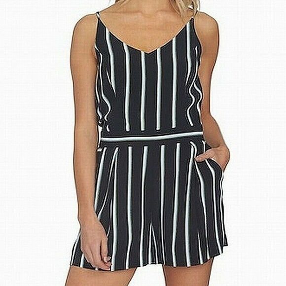 Blue Stripe V Neck Cami Shorts Romper Pockets - Picture 1 of 7